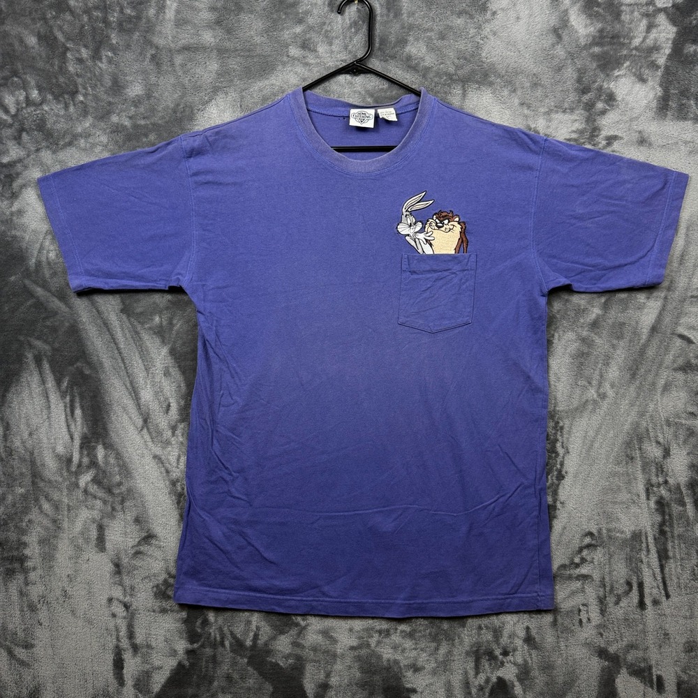 Acme Clothing Co T-Shirt Men L Purple Fair Bugs Bunny Taz Pocket Embroidered 90s